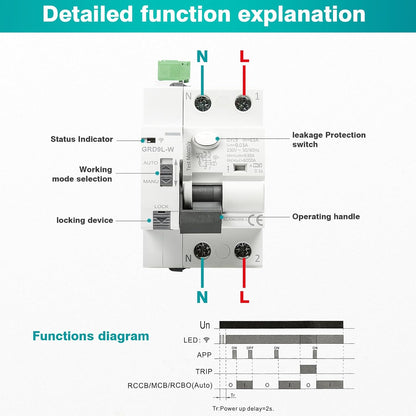 DEWIN FI Circuit Breaker, GRD9L-W Smart WiFi Circuit Breaker Manual/APP Remote Control Smart Switch 2P 63A 30mA AC 230V