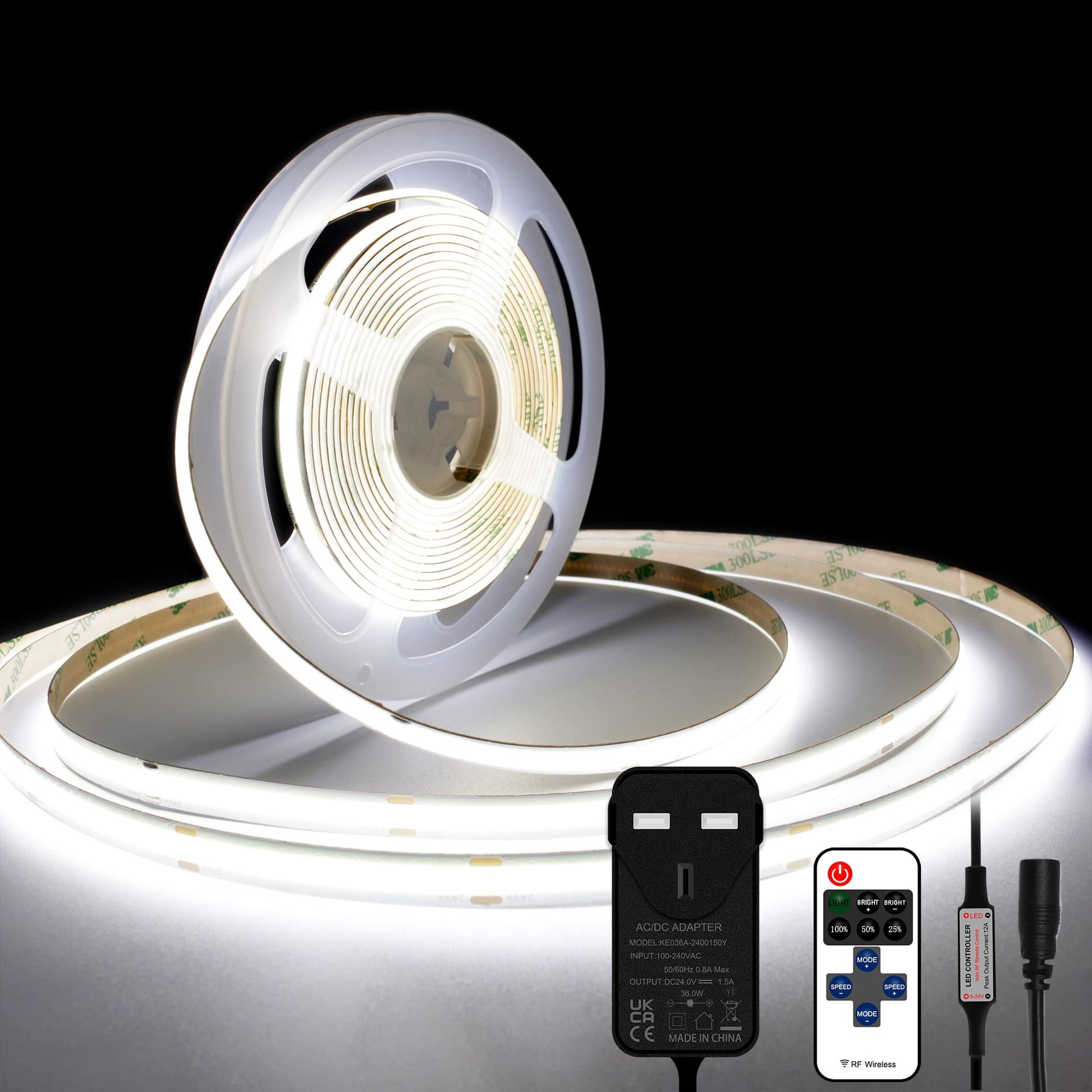 TTWAY COB LED Strip Lights 2700K, Dimmable LED Strip Kit, Super Bright 24V LED Tape Lights CRI90+ with RF Remote and UKCA Power Supply for DIY Home Decoration, 3M, 1440LEDs, Warm White.