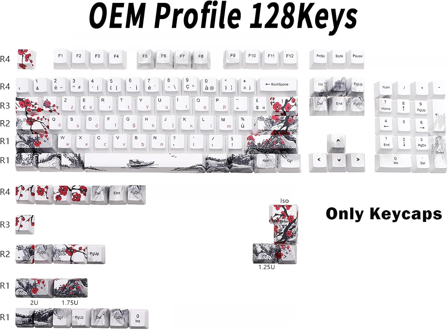 JSJT Plum Blossom Keycaps 128 Keys French Keycaps PBT OEM Profile Custom Keycaps for 61/68/87/96/104/108 Cherry MX Switches Mechanical Keyboard