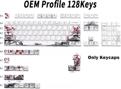 JSJT Plum Blossom Keycaps 128 Keys French Keycaps PBT OEM Profile Custom Keycaps for 61/68/87/96/104/108 Cherry MX Switches Mechanical Keyboard