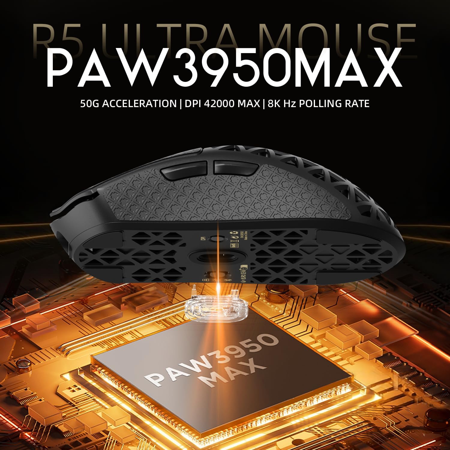 ATTACK SHARK R5 Ultra Carbon Fiber 8000Hz Wireless Gaming Mouse, 39g SUPERLIGHT, 42000DPI, PAW3950MAX Sensor, Nordic 52840 Chip, Bluetooth/2.4G/USB-C Wired Mice with Coiled Cable, for PC/Mac, Black