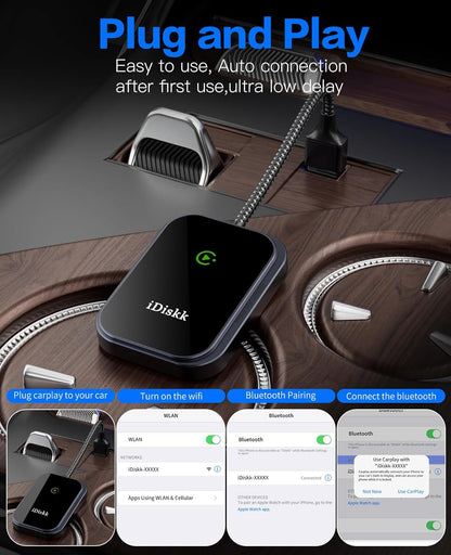 CarPlay Wireless Adapter for Apple iPhone 2024 Upgrade Converts Wired to Wireless Adapter for iPhone, Plug and Play CarPlay