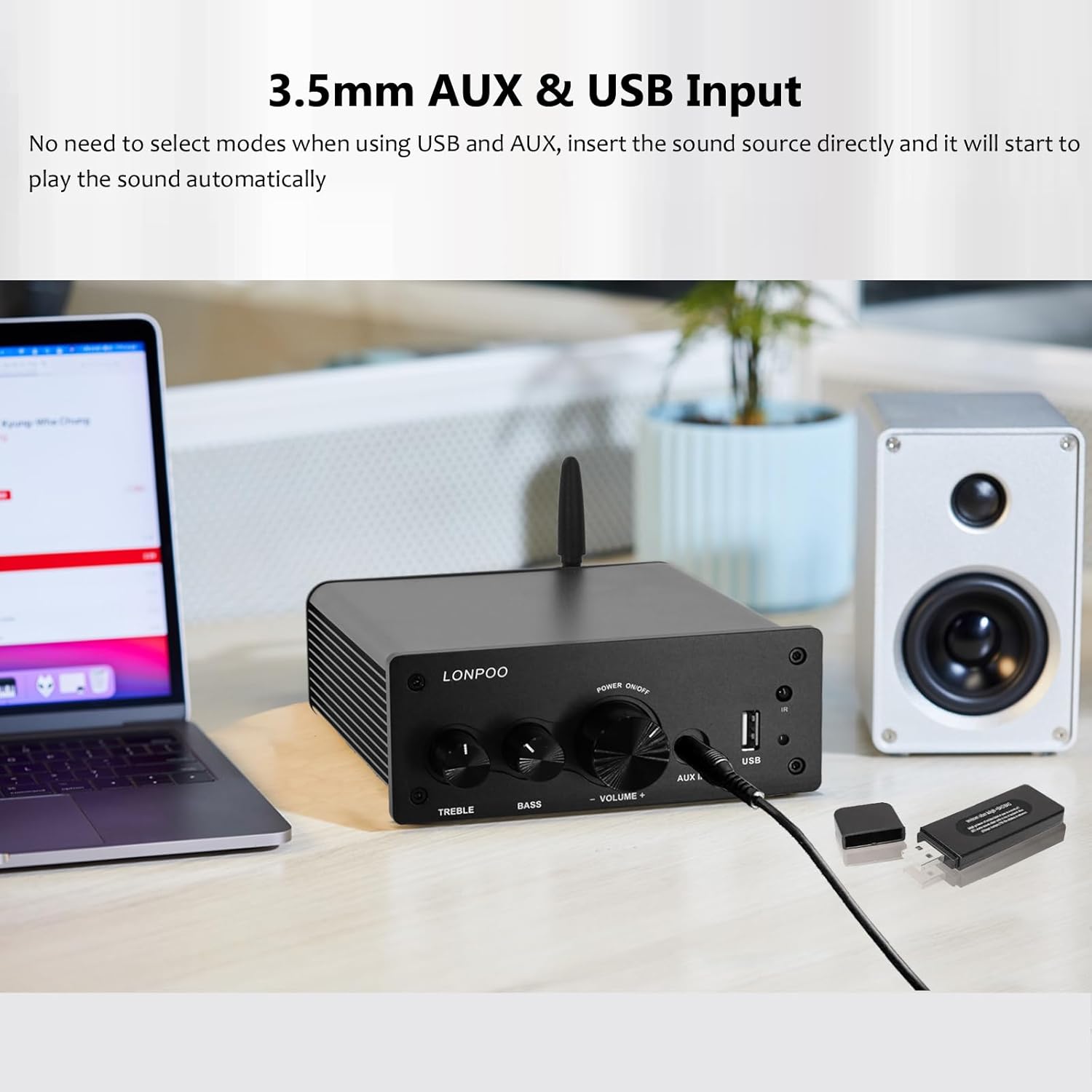 LONPOO Mini Bluetooth HiFi Amplifier 200 W with Remote Control, Optical, Coax, USB, AUX Input, 2 Channel Audio L/R Output for Speaker Cable (AMP-615)