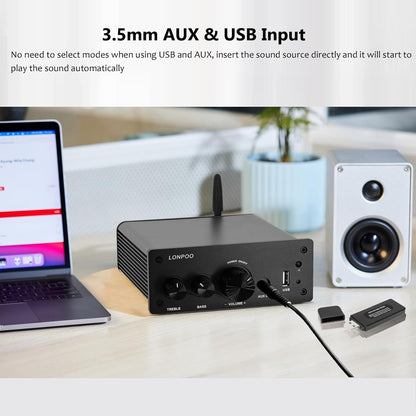 LONPOO Mini Bluetooth HiFi Amplifier 200 W with Remote Control, Optical, Coax, USB, AUX Input, 2 Channel Audio L/R Output for Speaker Cable (AMP-615)