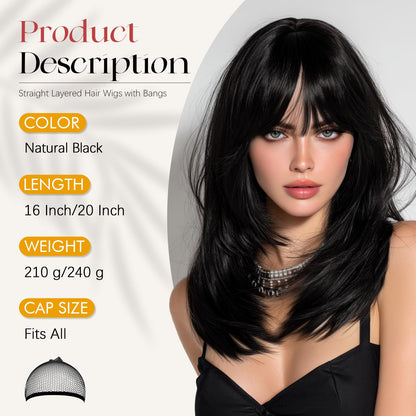 Peruca Sofeiyan Long Straight Wig 40 cm Negru Natural cu Breton