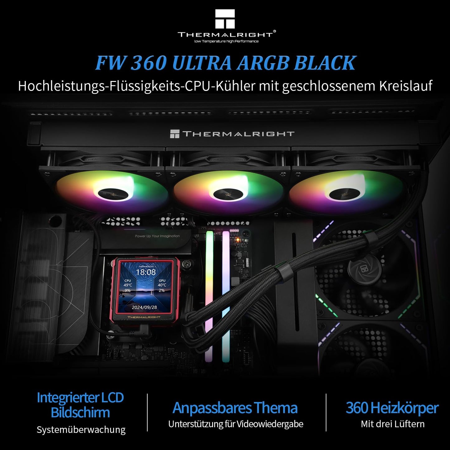 Thermalright FW 360 Ultra ARGB Black Refroidisseur d'eau pour processeur, 3 ventilateurs PWM, écran LCD IPS avec résolution 480 x 480, pour AM4/AM5 et Intel LGA1700/1851, écran 2,88"