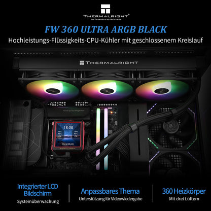 Thermalright FW 360 Ultra ARGB Black Refroidisseur d'eau pour processeur, 3 ventilateurs PWM, écran LCD IPS avec résolution 480 x 480, pour AM4/AM5 et Intel LGA1700/1851, écran 2,88"