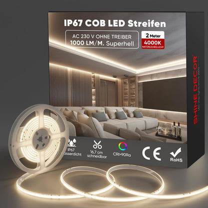 Banda COB LED Neon flexibila 2m 230V IP67 4000K - Shine Decor, 432 LED/m