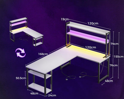 Birou gaming ODK L-shape LED 168x120 cm alb cu prize USB