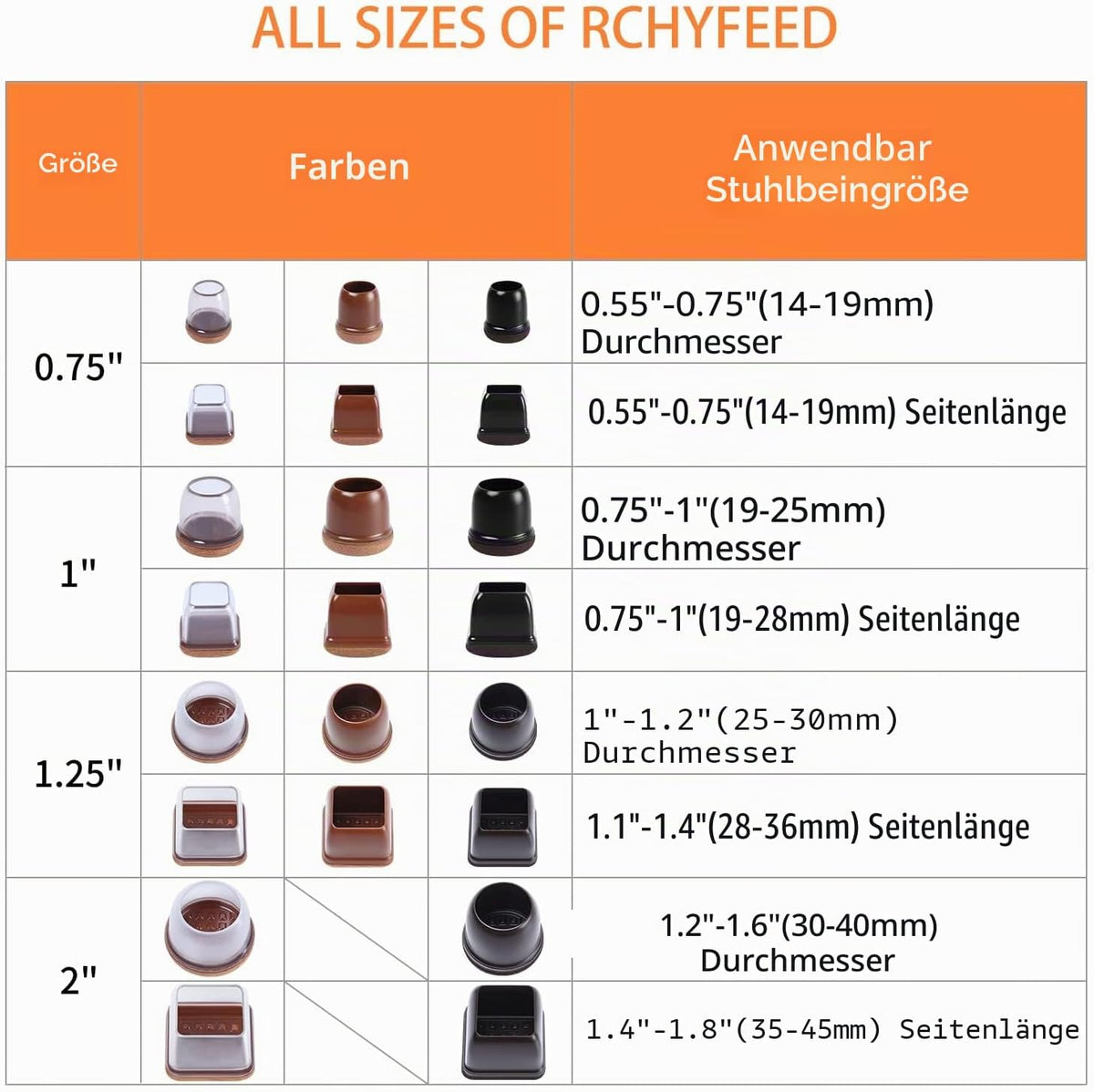 Capace protectoare RCHYFEED pentru picioare de scaun, silicon transparent maro cu fetru, marimea Small, 15-19 mm, set 24 bucati