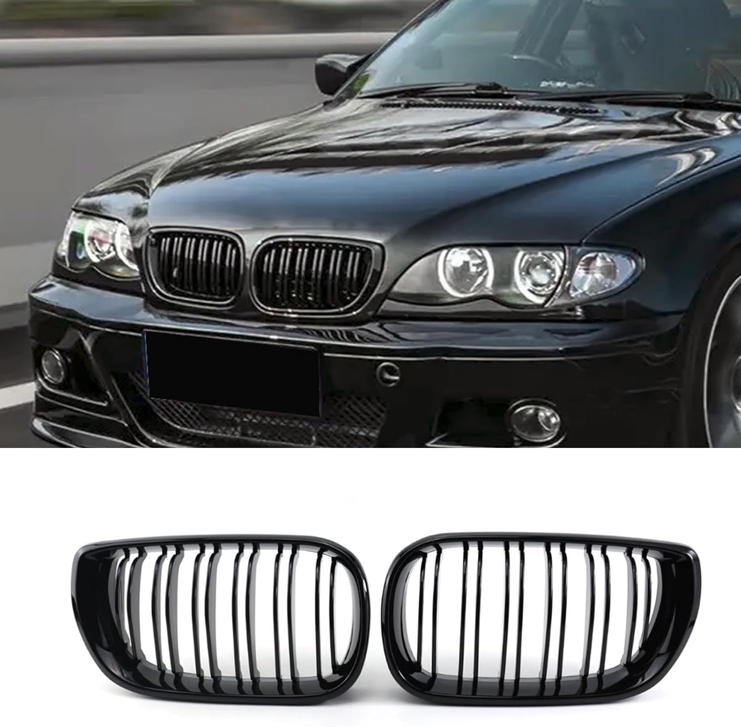 Hengjiayao E46 Kidney Black Radiator Grille for BMW 3 Series E46 4 Door 4D 2002-2005 LCI Facelift Grill Gloss Black Double Bridge Sport Grille Front (Not fit for 2 Doors) (For 3er E46 2002-2005 LCI)