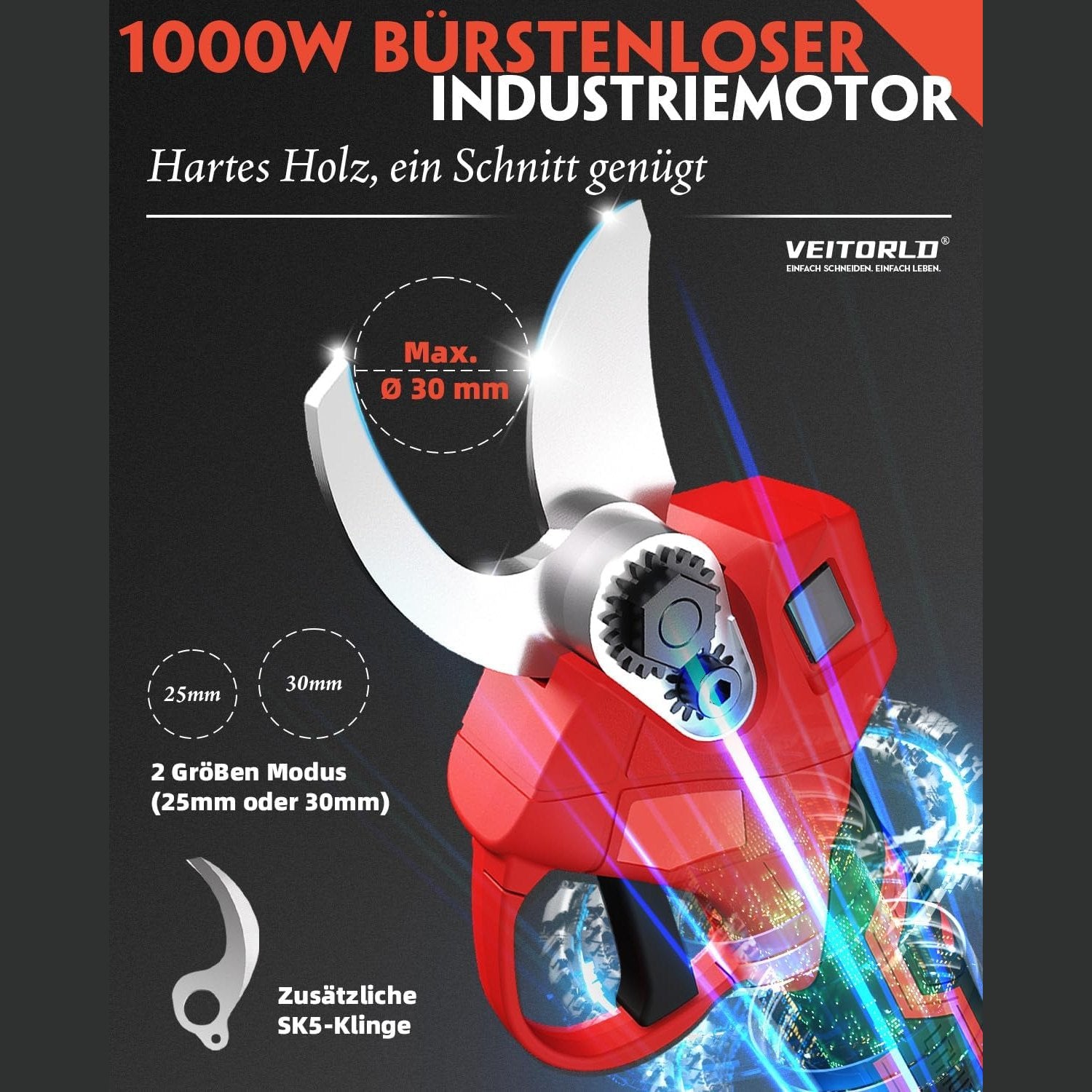 Professional Battery Pruning Shears, 30 mm Garden Shears with 2 Batteries 2000 mAh, 1000 W Brushless Motor Bypass Lopper, Electric Garden Scissors with LED Cutting Meter, Compatible with Makita 18 V