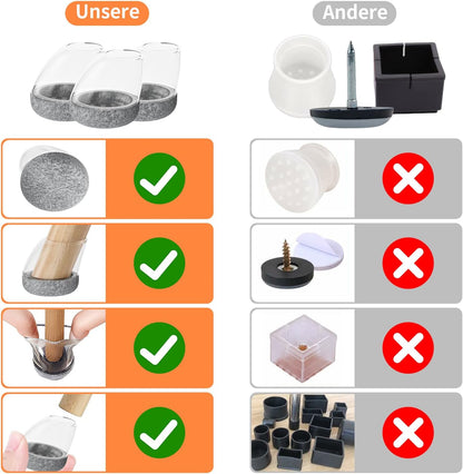 Set 24 capace din silicon RCHYFEED pentru picioare de scaun inclinate, transparente cu fetru gri, marimea S 14-20 mm