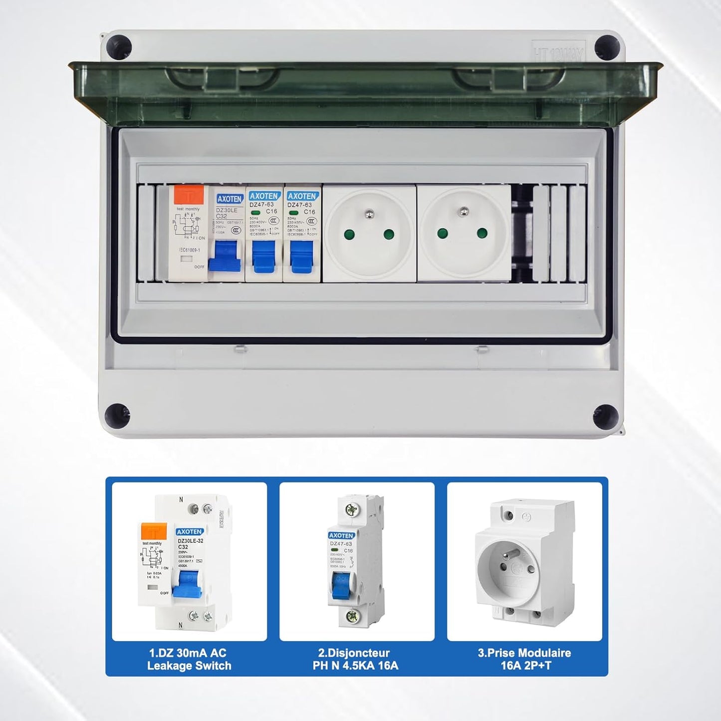 Boîte à fusibles en saillie IP65 01 Simmpatuu-Coffret électrique étanche IP65 équipé Livré,DZ 30mA AC Interrupteur de Fuite, 1 Disjoncteur 16A,2 prise modulaire 16A 2P+T
