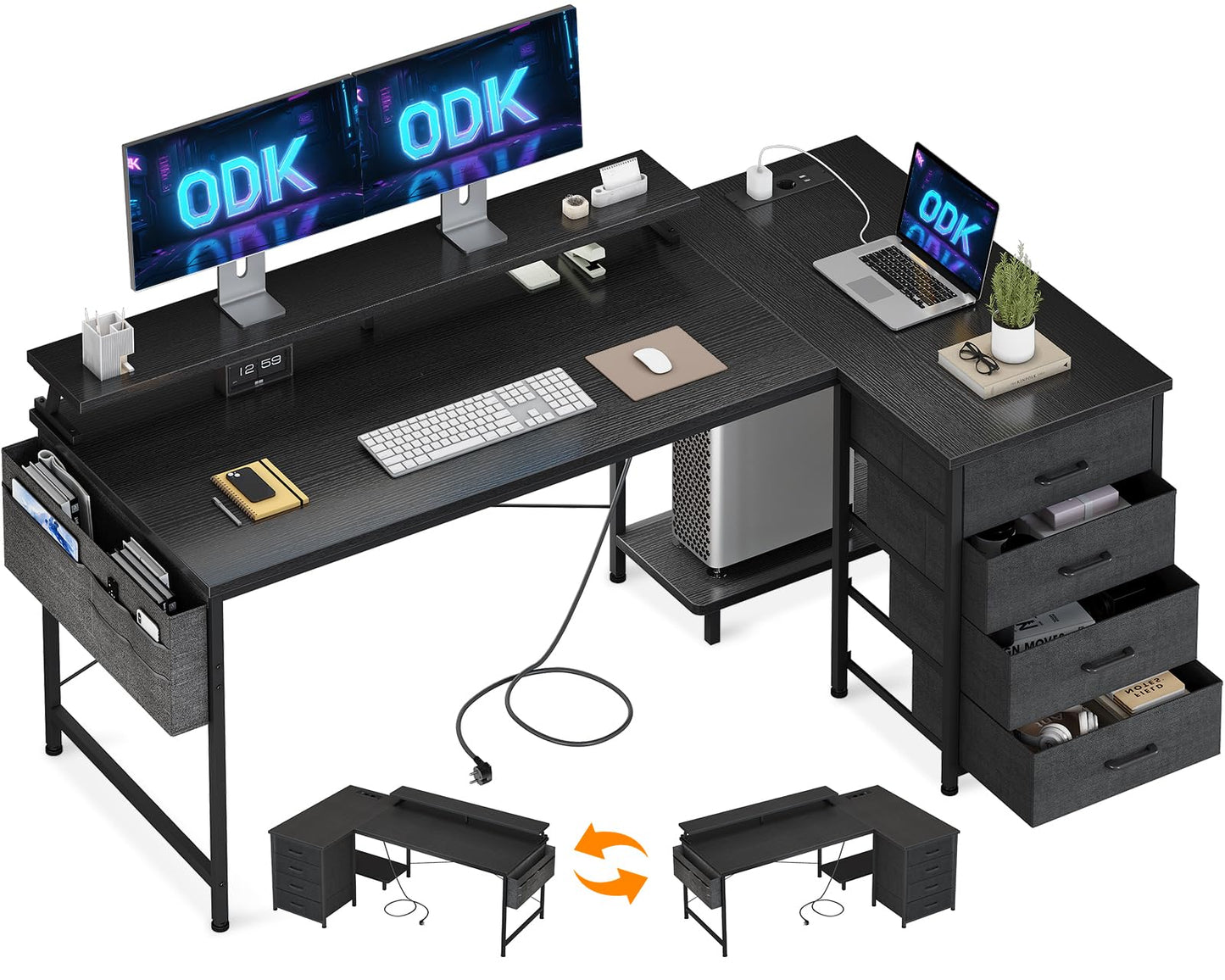 Birou colt L 160x80 cu sertare ODK + USB si priza, raft monitor, negru