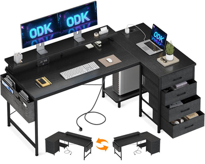Birou colt L 160x80 cu sertare ODK + USB si priza, raft monitor, negru