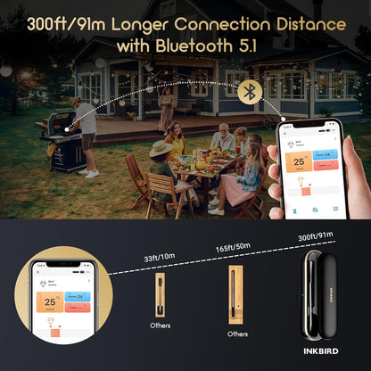INKBIRD INT-11P-B Wireless Meat Thermometer 91m/300ft Range, Bluetooth Meat Thermometer Probe for Air Fryers Cooking, with Smart APP for Oven Grill Kitchen BBQ Smoker