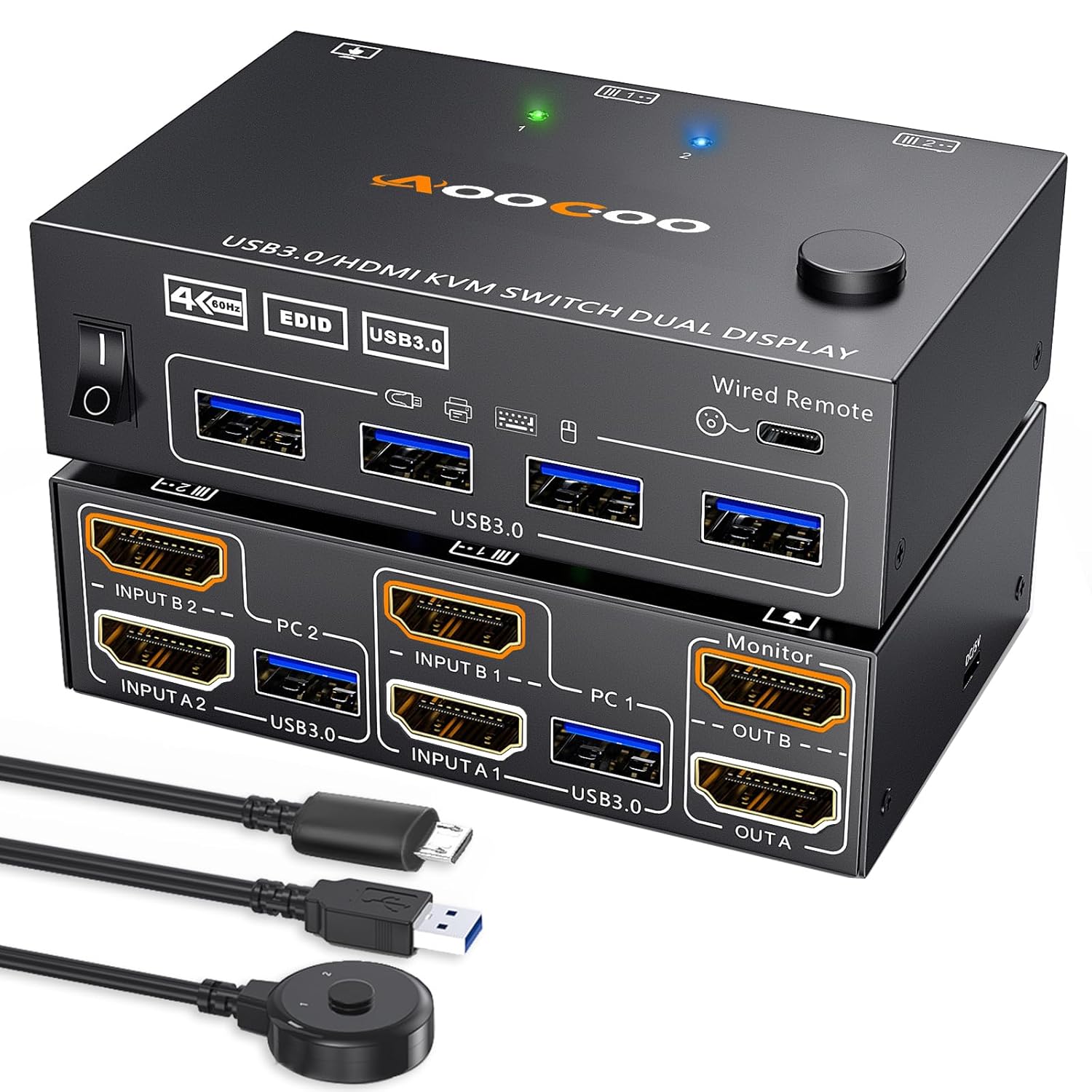 KVM Switch 2 Monitors 2 PC 4K @ 60Hz 2K @ 120Hz, Dual Monitors HDMI KVM Switches with EDID Function Wired Remote Control, Power Supply and USB 3.0 Cable Included