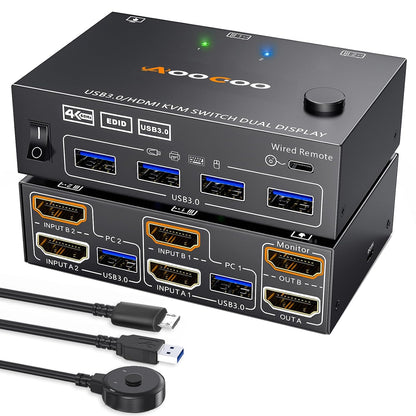 KVM Switch 2 Monitors 2 PC 4K @ 60Hz 2K @ 120Hz, Dual Monitors HDMI KVM Switches with EDID Function Wired Remote Control, Power Supply and USB 3.0 Cable Included