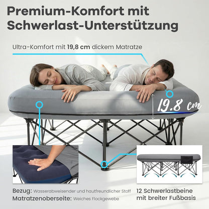 Pat de camping dublu FUNDANGO cu pompa electrica, cadru pliabil si husa detasabila, gri inchis