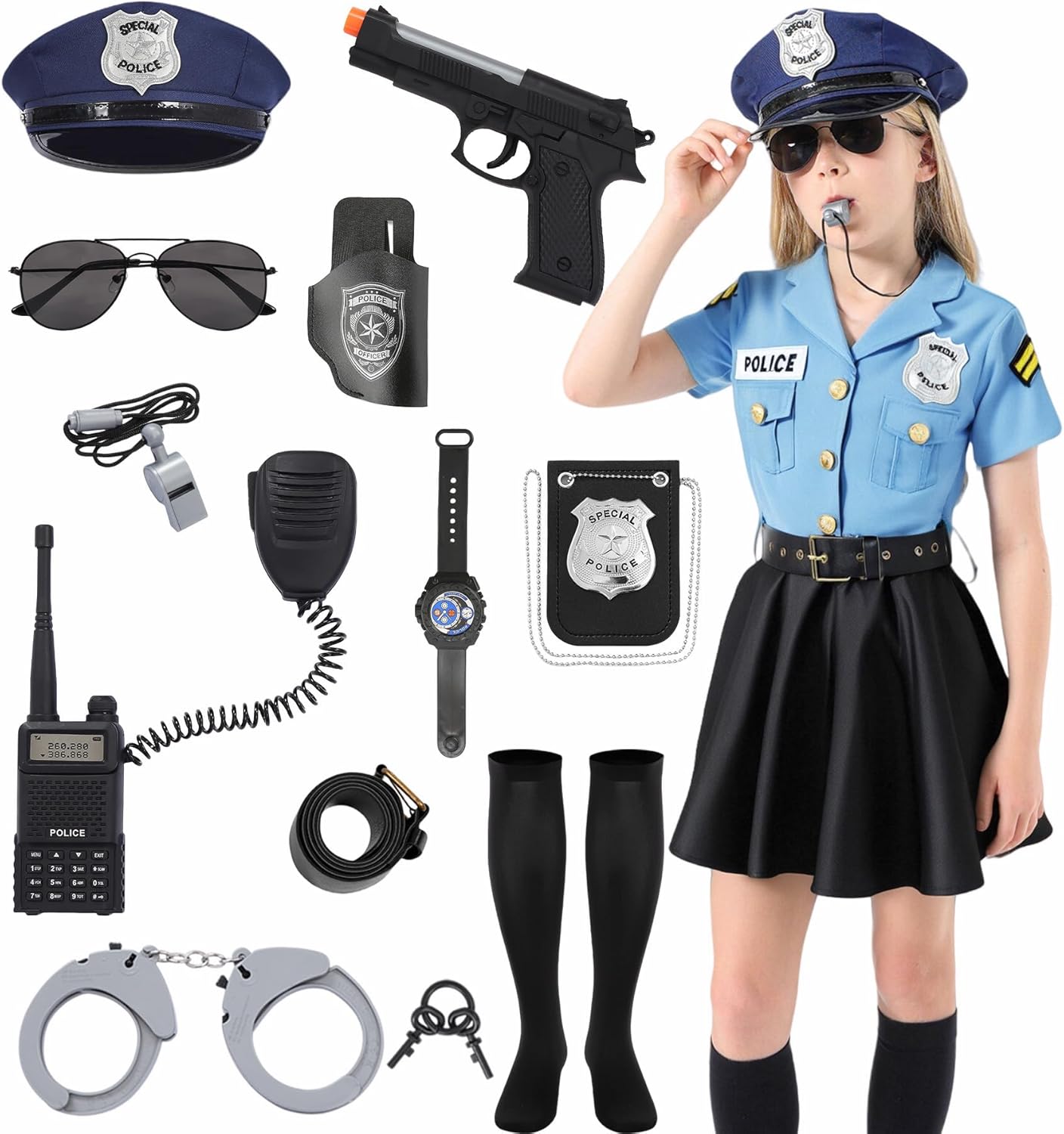 Cop Costume for Kids Girls Police Officer Costume Dress with Hat Toddler Halloween Costume Outfit Set with Stuff Toy