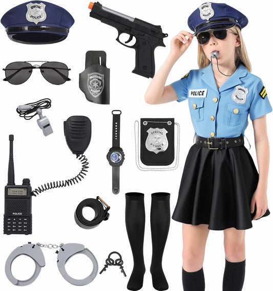 Cop Costume for Kids Girls Police Officer Costume Dress with Hat Toddler Halloween Costume Outfit Set with Stuff Toy