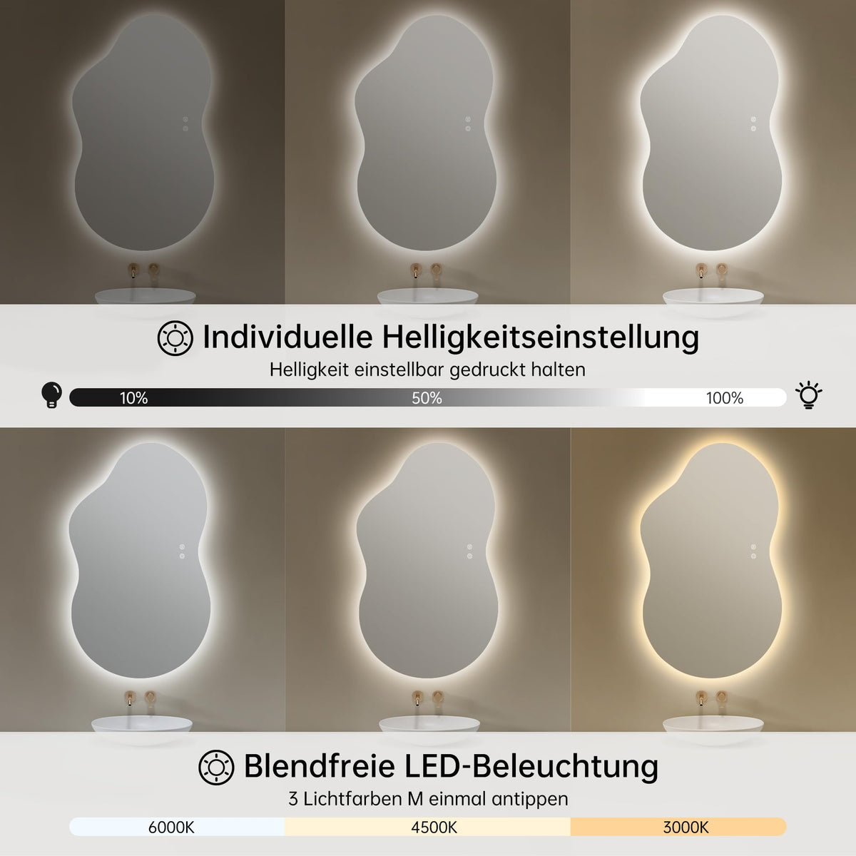 Oglinda baie OUMUSU LED asimetrica 100x60 cm anti-aburire