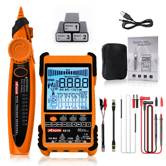 KKnoon Network Cable Tester POE Cable Tester with LCD Display, Multimeter Current Voltage Resistance Test Temperature Measurement Short Circuit Open Circuit Measurement with 3 ID Pairing Accessories