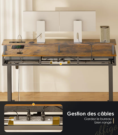 Birou electric OffiGo 140 cm cu 3 sertare, USB, LED