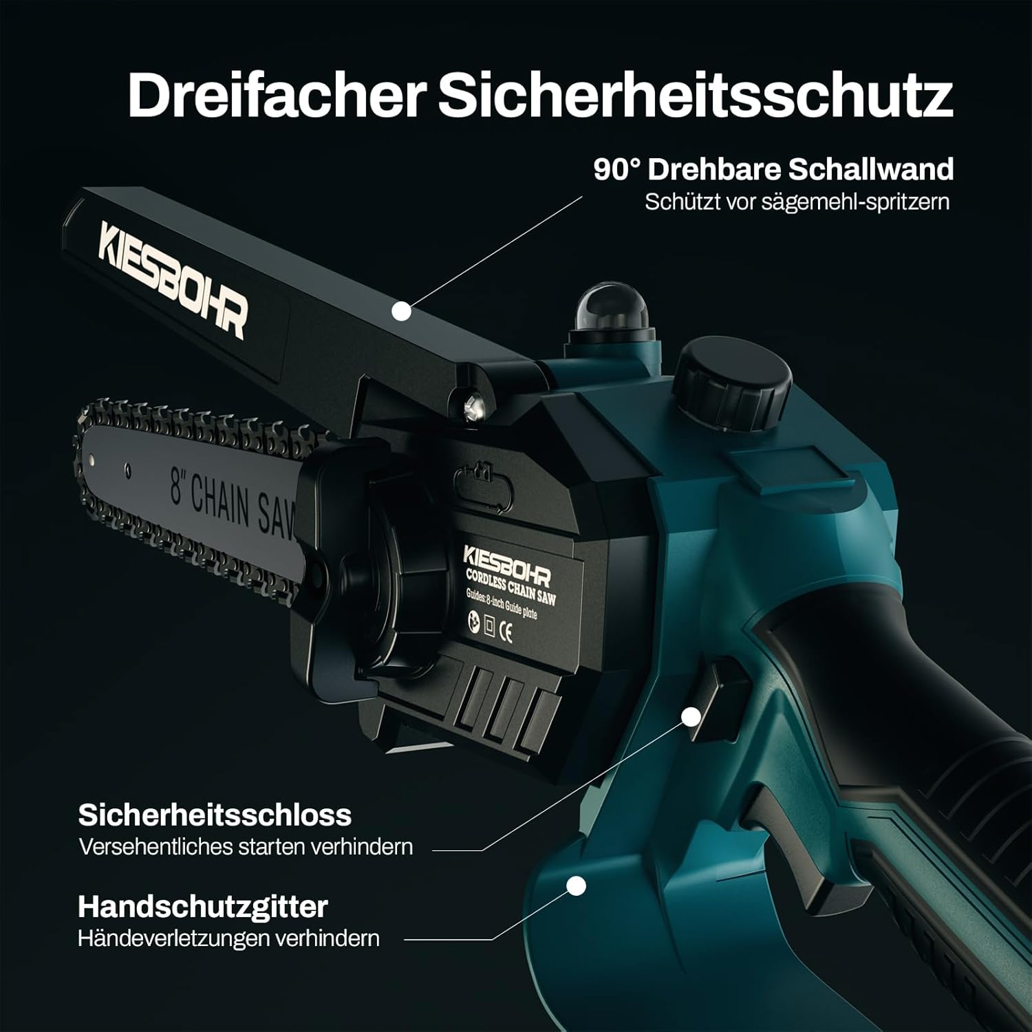 KIESBOHR Cordless Chainsaw, 8 Inch Mini Chainsaw with Chain Lubrication System (Lithium-Ion 21 V, Brushless Electric Motor, 2 Batteries 4000 mAh, 2 Chains) Battery Operated
