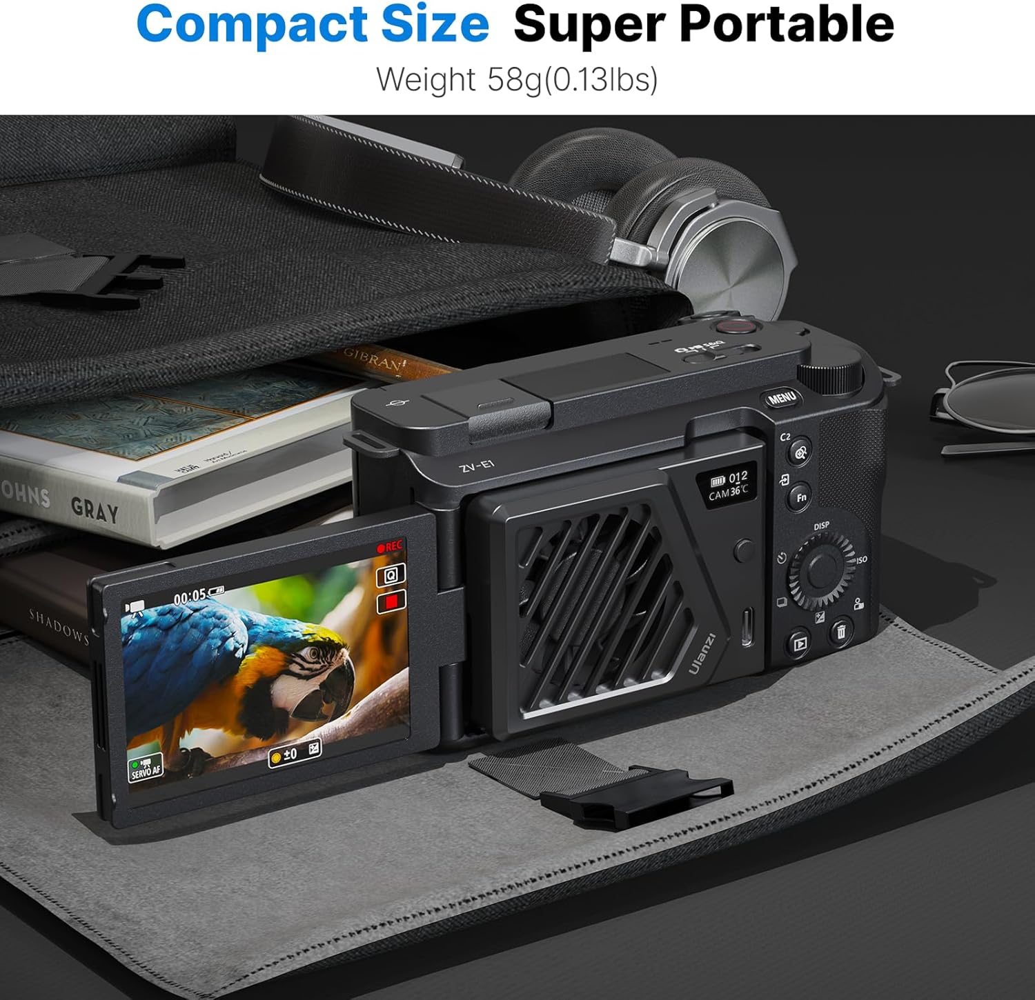 ULANZI Camera Cooling Fan Black New, Spring Telescopic Mounting Adjustable Mini Intelligent Cooling Fan Real-time Monitoring with Type-C Charging Port, Compatible with Sony Canon FUJIFILM Nikon