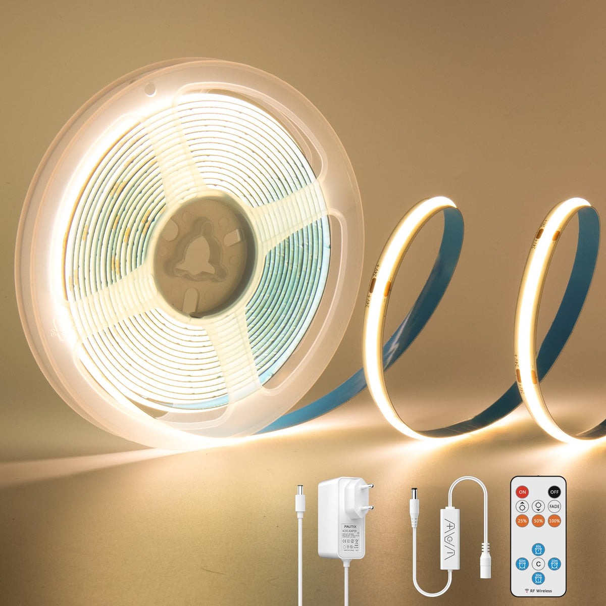 Banda LED PAUTIX COB 5 m 3000K 24V RF Remote CRI93+ Dimmabila