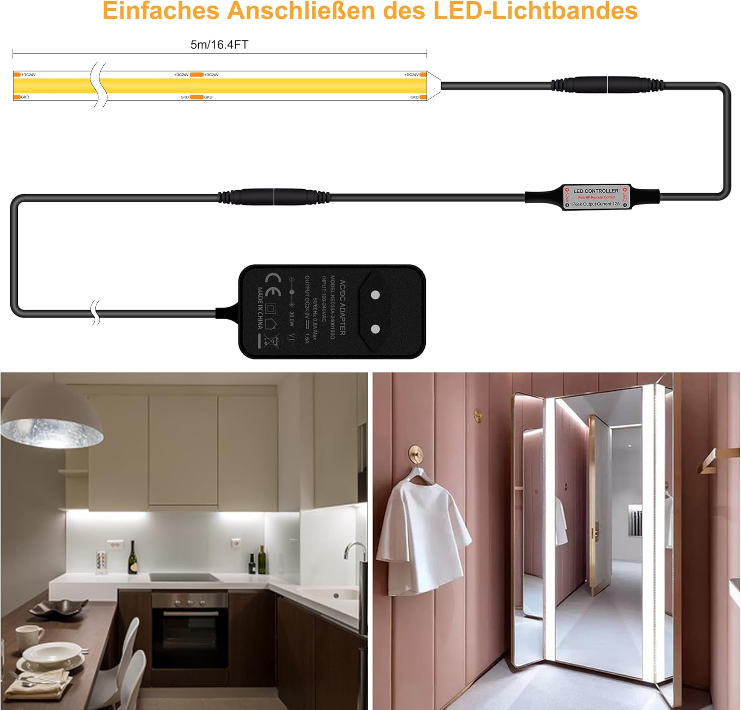 TTWAY COB LED Streifen Kaltweiß 6000K, 5M Dimmbares Flexibles 24V COB LED Streifen Licht set, 480 LEDs/M, GS Netzteil, mit RF Fernbedienung, CRI90+ helles Unterbaulicht für Fernseher, DIY Dekoration