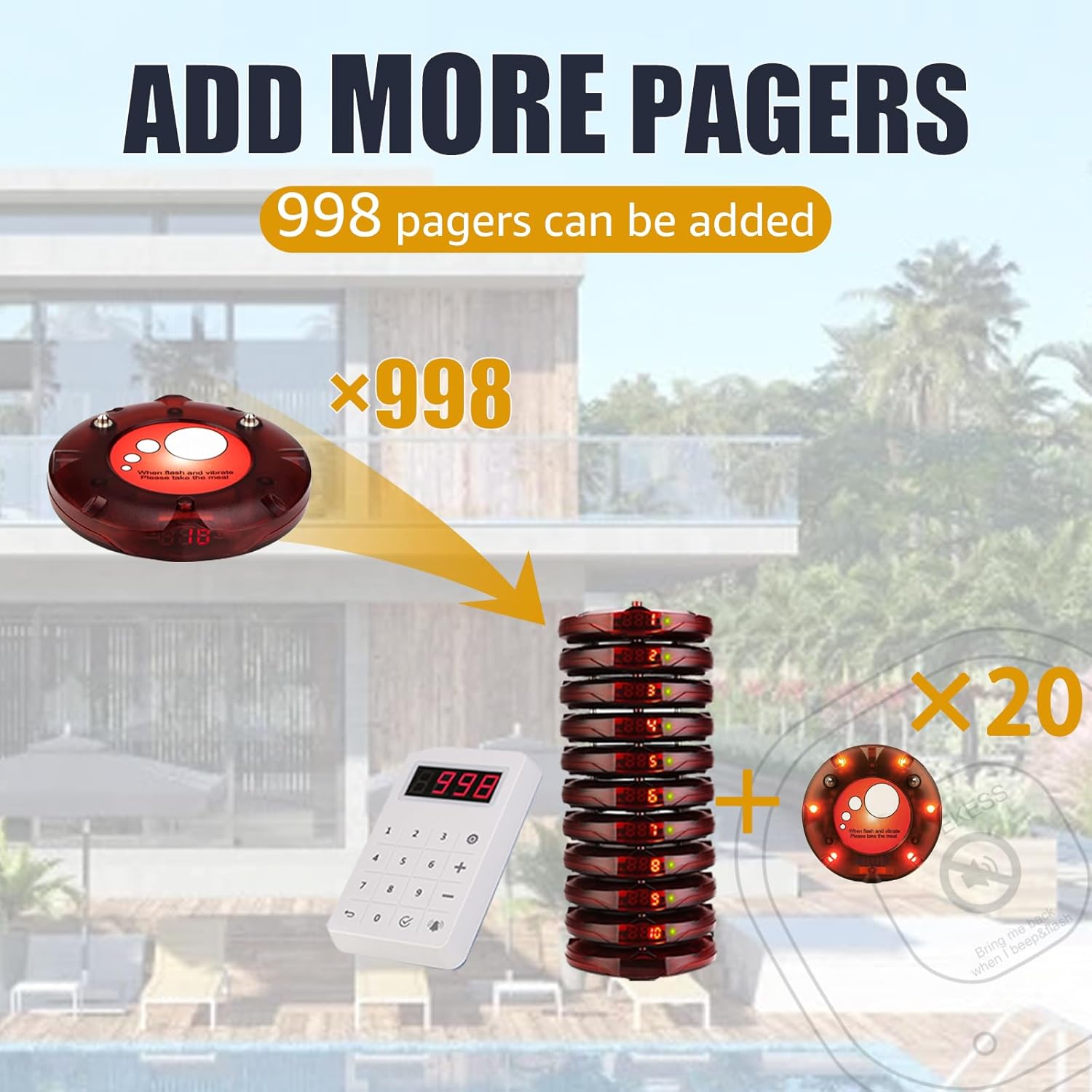 Retekess TD158 Pager Call System, 30 Restaurant Pager System, Outdoor 500 M, LED Tube Display, 4 Call Modes, 1-250s Call Time, Gastro Pager for Food Truck, Hotel, Bar