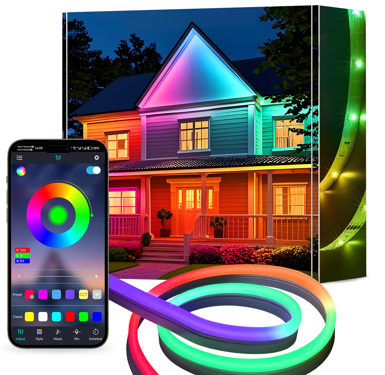 calflux Neon LED Strip 10 m, RGB Strip Fairy Lights, IP65 Waterproof LED Strip with Bluetooth Remote Control, 24 V LED Strip Colour Changing for Bedroom, Room, Indoor and Outdoor Decoration