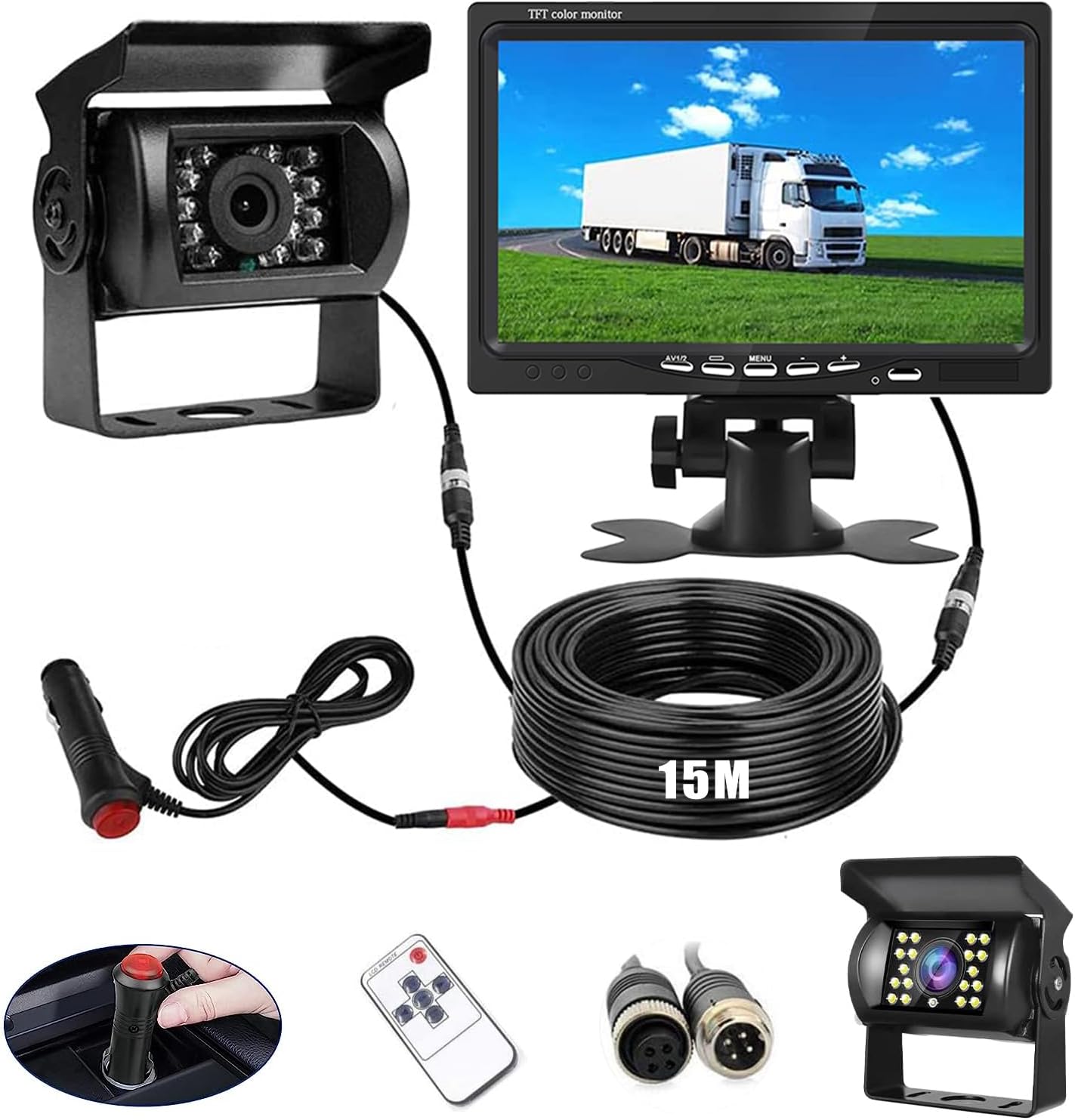Retrocamera Camper Telecamera per Auto, Monitor LCD da 7" e Telecamera per Auto Kit, Impermeabile IP67 HD Visione Notturna con Linea di Ritardo di 15 m Sistema di Sensori di Parcheggio