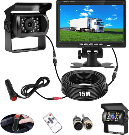 Retrocamera Camper Telecamera per Auto, Monitor LCD da 7" e Telecamera per Auto Kit, Impermeabile IP67 HD Visione Notturna con Linea di Ritardo di 15 m Sistema di Sensori di Parcheggio