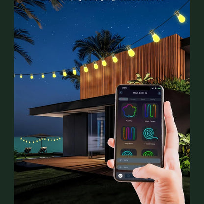 Gaoxun Outdoor String Lights, 15m RGBW Festoon Lights Outdoor with 15 Dimmable S14 LED Bulbs, APP Control, 33 Scene Modes, 234 Lighting Effects, IP65 Waterproof Smart Garden Lights for Backyard Party