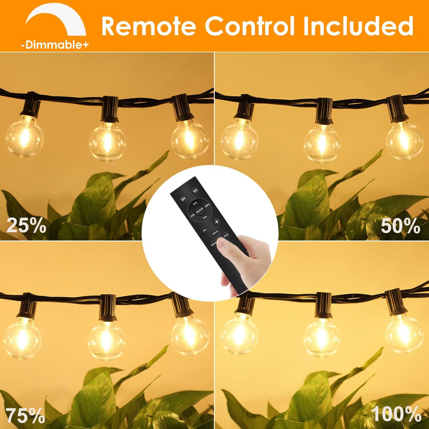 Outdoor Fairy Lights with Remote Control - 15 m LED Fairy Lights Dimmable G40 Bulbs, 4 Modes and Timmer Function, Waterproof for Outdoor Garden Balcony Patio Party Camping Wedding
