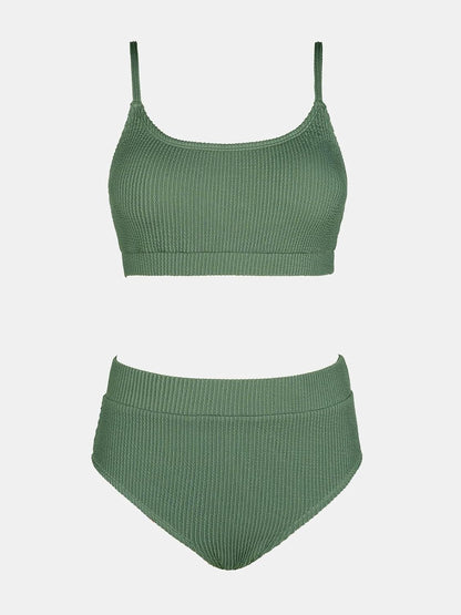 Costum de baie din doua piese CUPSHE cu decolteu U, talie inalta, textura batik curcubeu, marimea XL, verde masliniu
