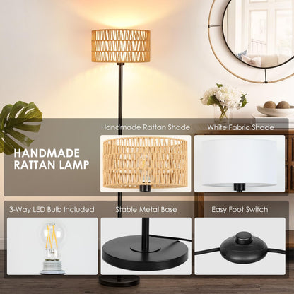 Lampa de podea Qingmiao Rattan Boho LED 8W baza metalica neagra
