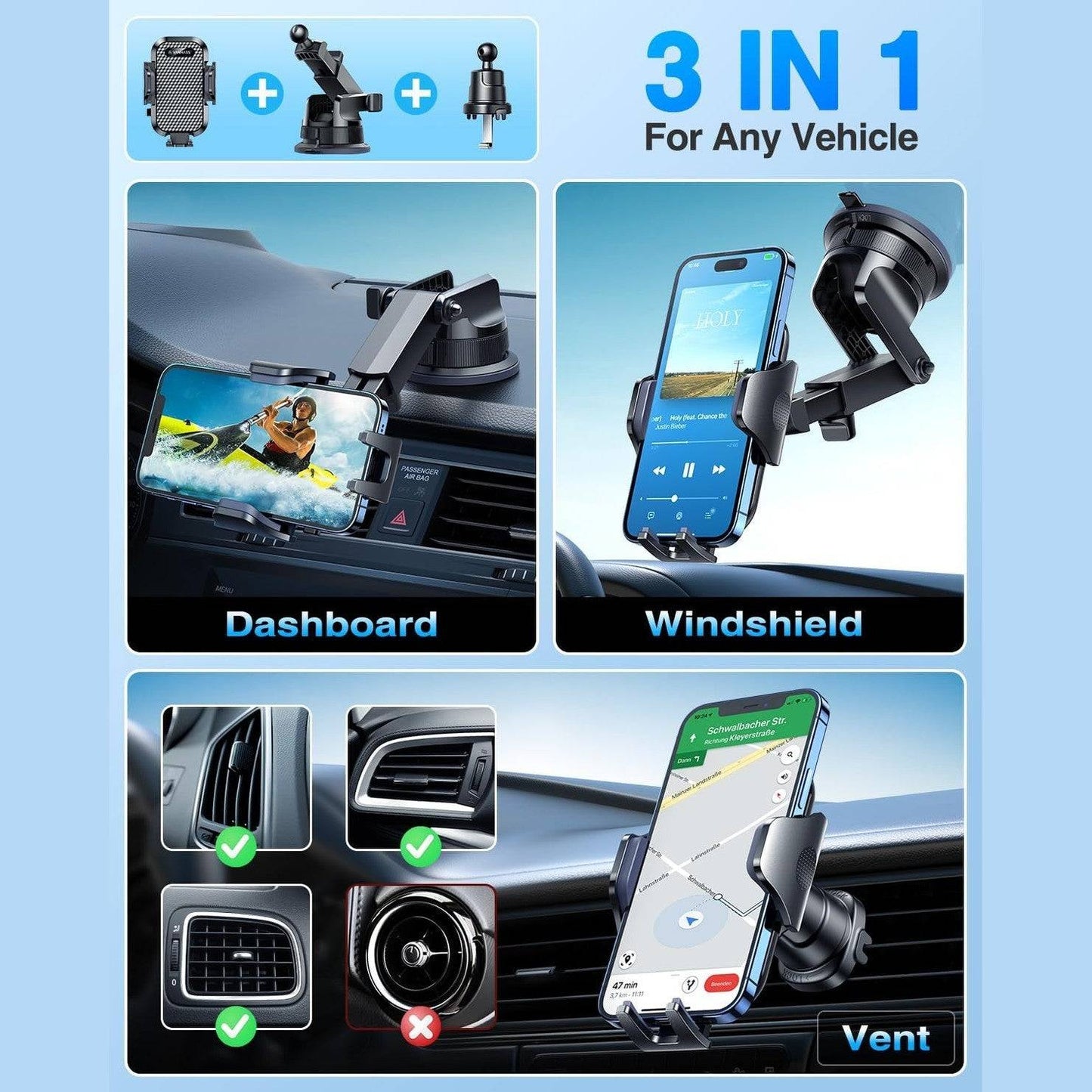 [2025 True Military-Grade] Car Phone Holder VANMASS [Upgraded Strongest Suction & Clip] Cell Phone Mount for Dashboard Windshield Vent,Truck Cradle Stand for iPhone 16 Pro Max 15 14 13 Samsung Android
