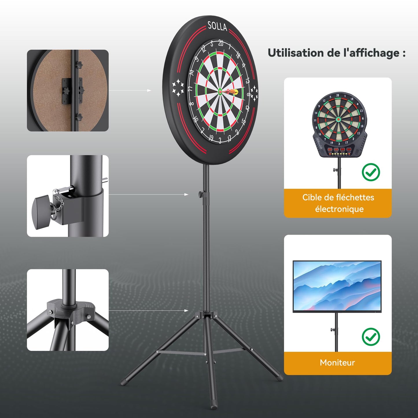Suport dartboard SOLLA ajustabil metalic 173 cm, tripod portabil