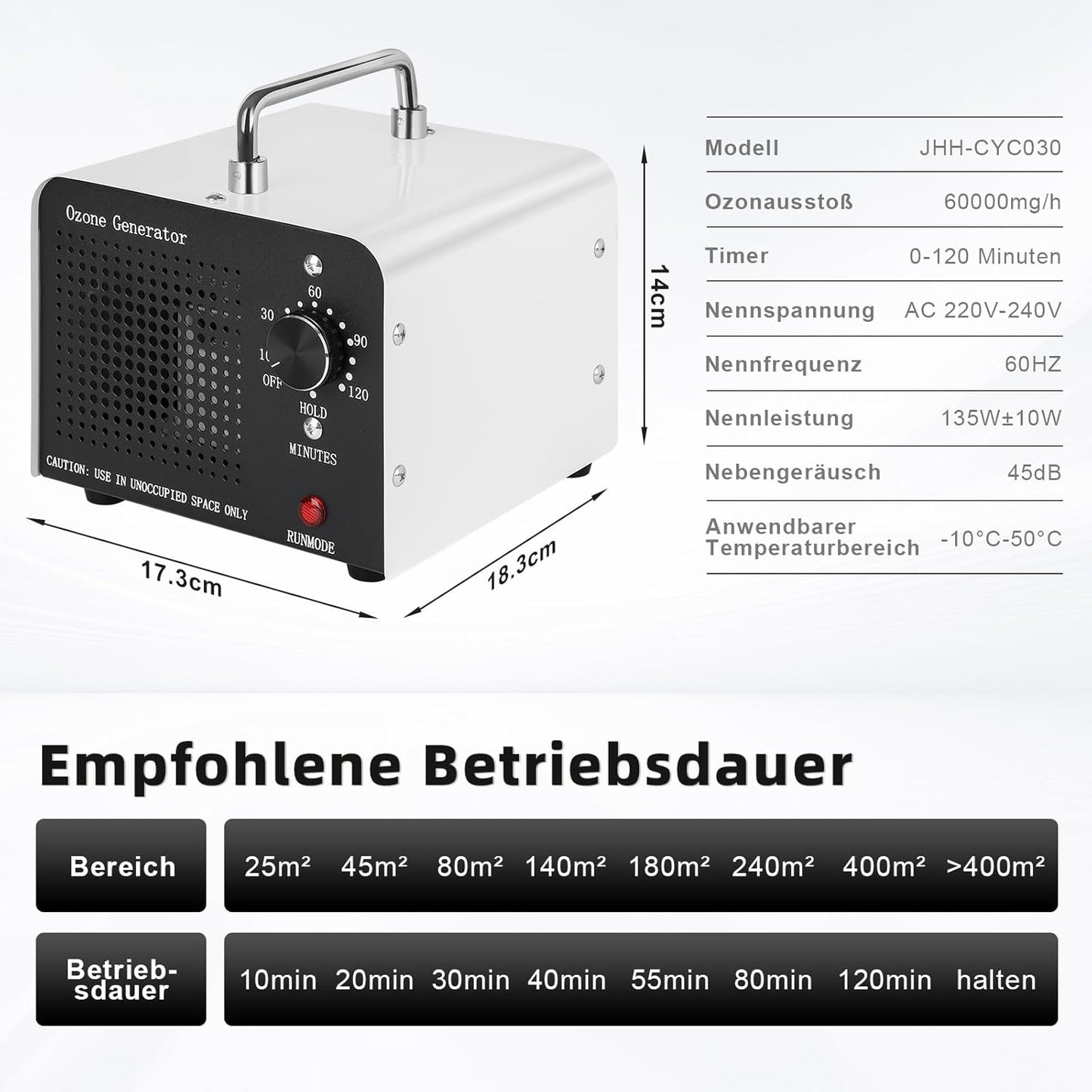 Ozone Generator 60,000 mg/h Ozone Device for 400 m², Portable O3 Ozone Air Purifier, Ozone Device with 120 Minute Timer, Odour Killer, Odour Neutraliser for Room, Office, Garage, Cars, Smoke and Pets