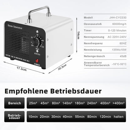 Ozone Generator 60,000 mg/h Ozone Device for 400 m², Portable O3 Ozone Air Purifier, Ozone Device with 120 Minute Timer, Odour Killer, Odour Neutraliser for Room, Office, Garage, Cars, Smoke and Pets