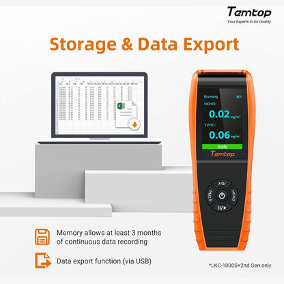 Temtop Air Quality Monitor Detects PM2.5 PM10 Formaldehyde TVOC AQI Temperature Humidity Tester Particle Counter Indoor Outdoor Air Pollution Detector with Data Export, LKC1000S+ 2nd