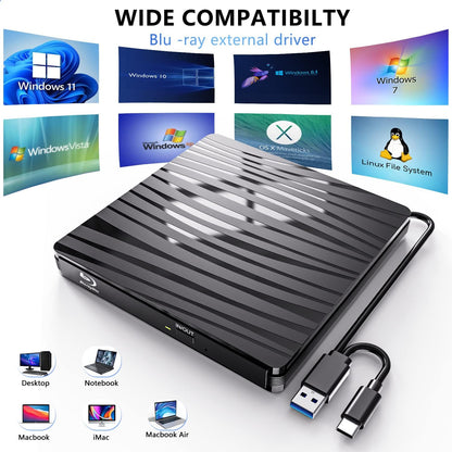 QDSYLQ External Blu Ray Drive 50G, Type-C & USB 3.0 HD 1080P Bluray Drive External Blu Ray Drive External BD CD DVD ROM RW Blu-ray Drive for Laptop PC Mac Windows 11/10/8/7/XP/Linux/MacOS