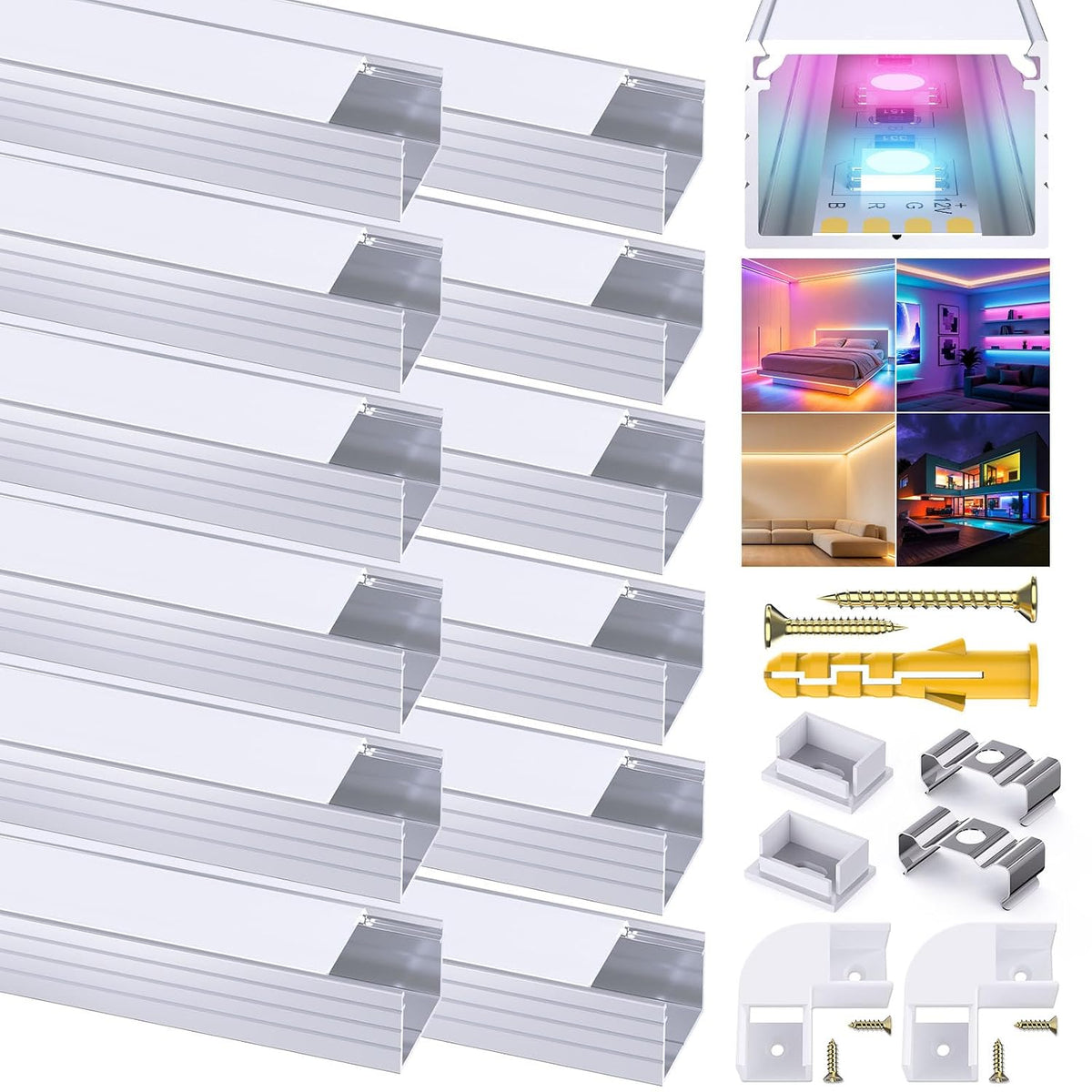 Set 12 profile LED Chesbung din aluminiu, forma U, 1 m, pentru benzi de pana la 16 mm, cu capac alb laptos, compatibil Philips Hue