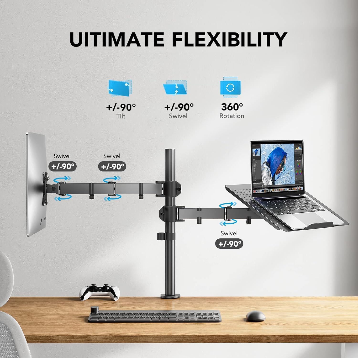 HUANUO Adjustable Monitor Stand, Single Arm Desk Mount for 32 inch Screen and 17 inch Laptop, Heavy Duty Ergonomic Bracket Holds 22lbs