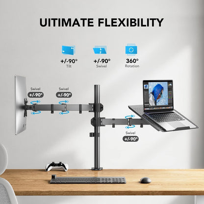 HUANUO Adjustable Monitor Stand, Single Arm Desk Mount for 32 inch Screen and 17 inch Laptop, Heavy Duty Ergonomic Bracket Holds 22lbs